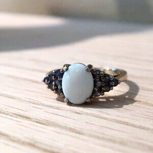 Distressed Vintage Ring 925 Silver with Gold Tone White Blue Stones